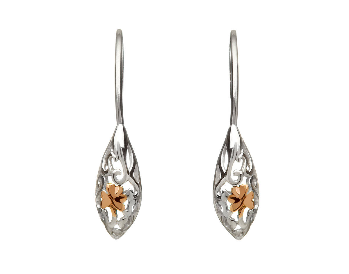 House of Lor silver Celtic drop earrings with rose gold Shamrock made from rare Irish goldncck/ddcck