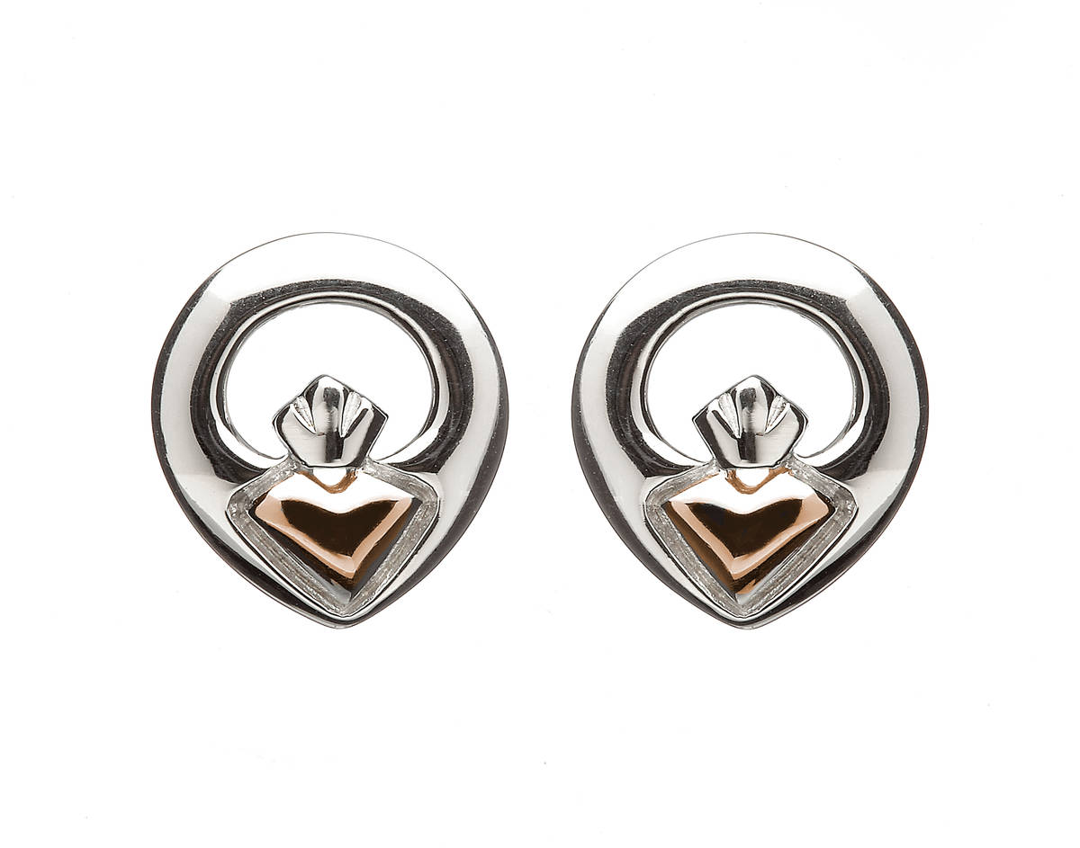 House of Lor silver/rose gold Claddagh stud earrings heart made from rare Irish goldpkck/dpkck