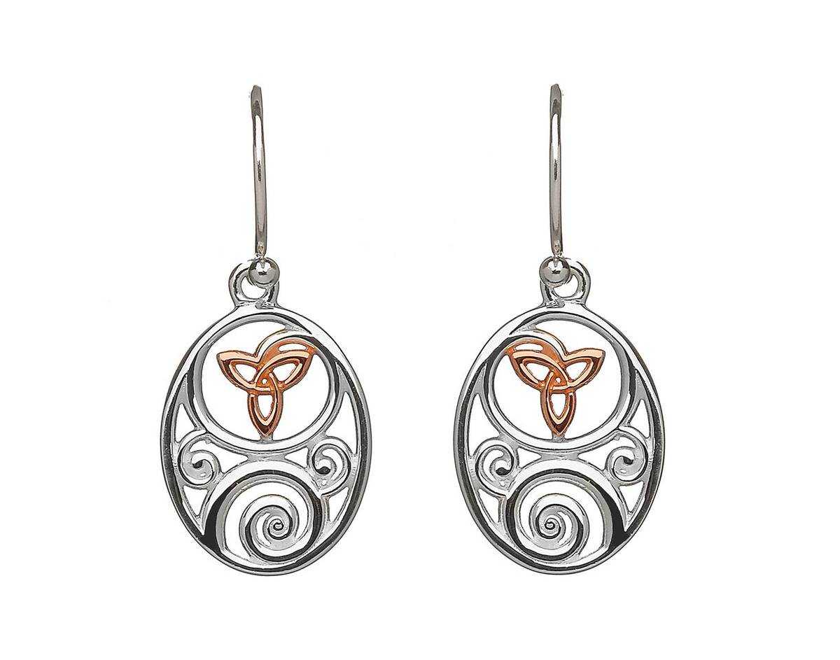 sterling silver and rose gold Celtic earrings with trinity knot made from rare Irish gold.pkdpk