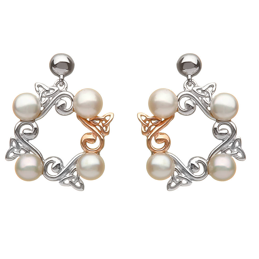 sterling silver and rare Irish rose gold Celtic fresh water pearl circle stud earrings