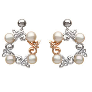 silver and rose gold Celtic fresh water pearl earrings