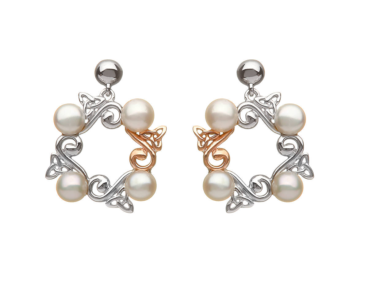 sterling silver and rare Irish rose gold Celtic fresh water pearl circle stud earrings