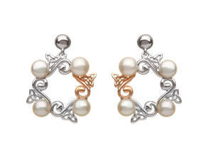 silver and rose gold Celtic fresh water pearl earrings