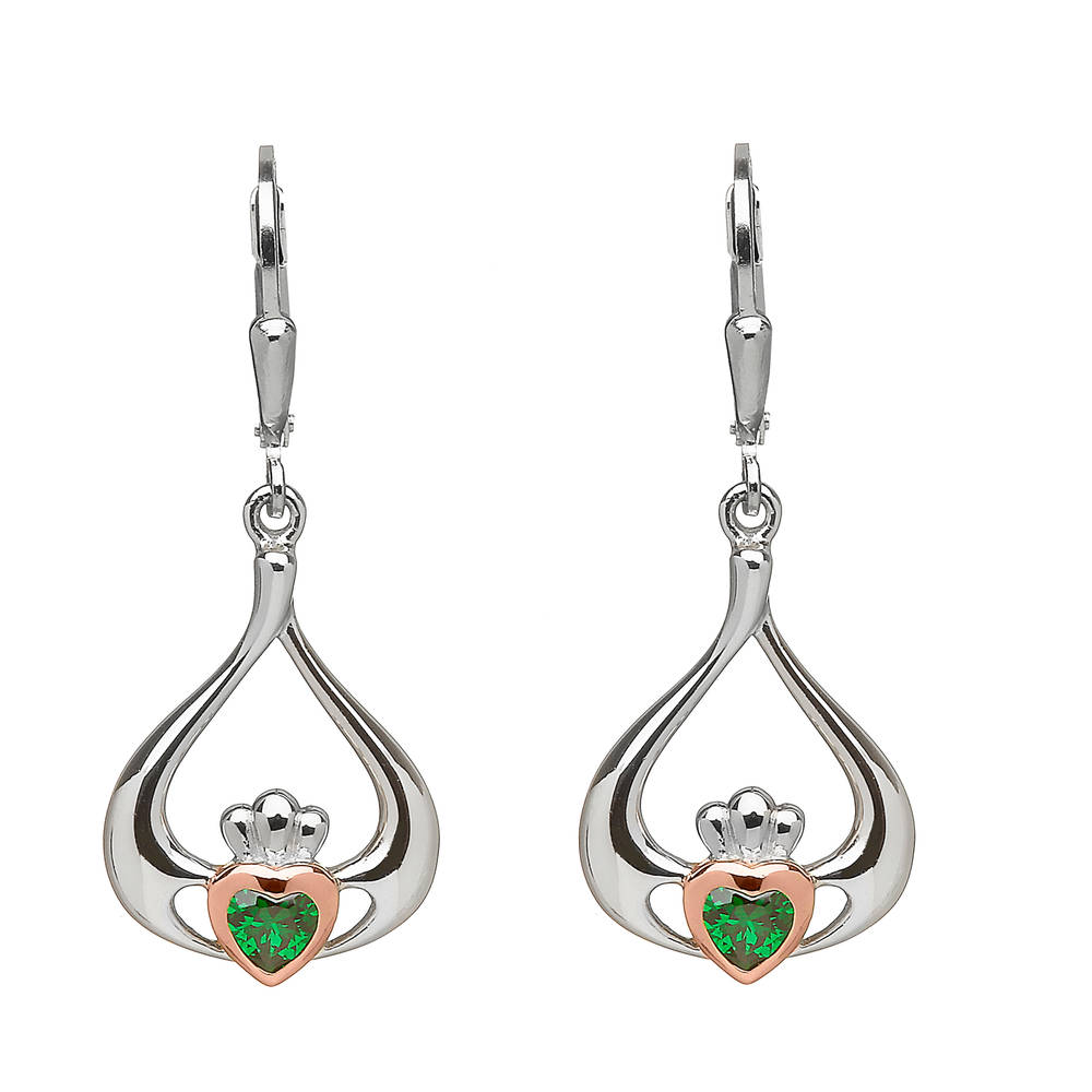 sterling silver and rare Irish rose gold Claddagh drop earrings with centre green cz gemstone.