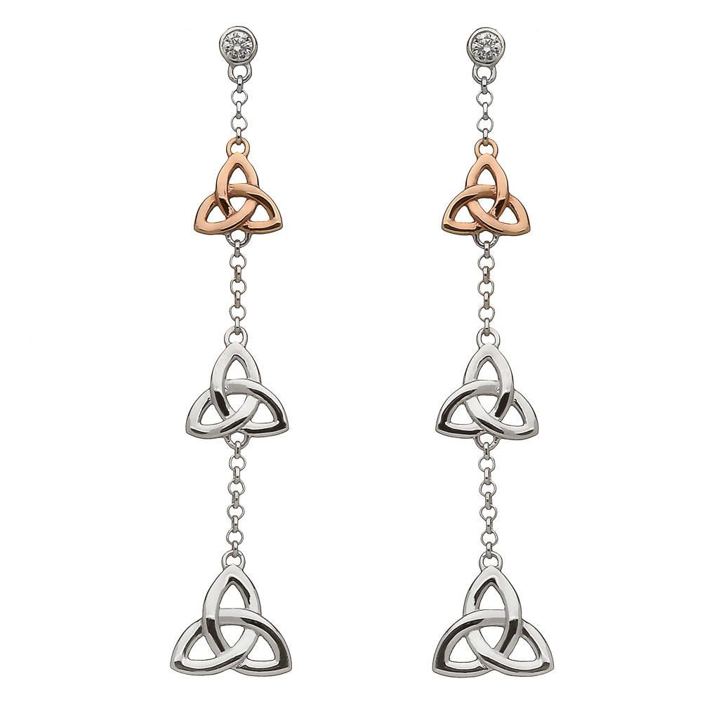silver and rare Irish rose gold trinity knot 3 drop earrings with czs with top trinity knot made from gold.