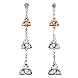 silver and rare Irish rose gold trinity 3 drop cz earrings