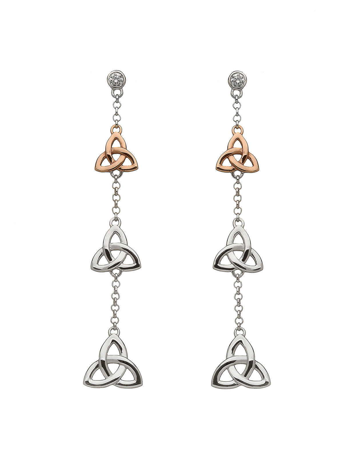silver and rare Irish rose gold trinity knot 3 drop earrings with czs with top trinity knot made from gold.