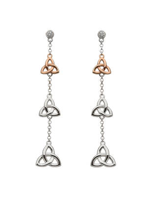 silver and rare Irish rose gold trinity 3 drop cz earrings