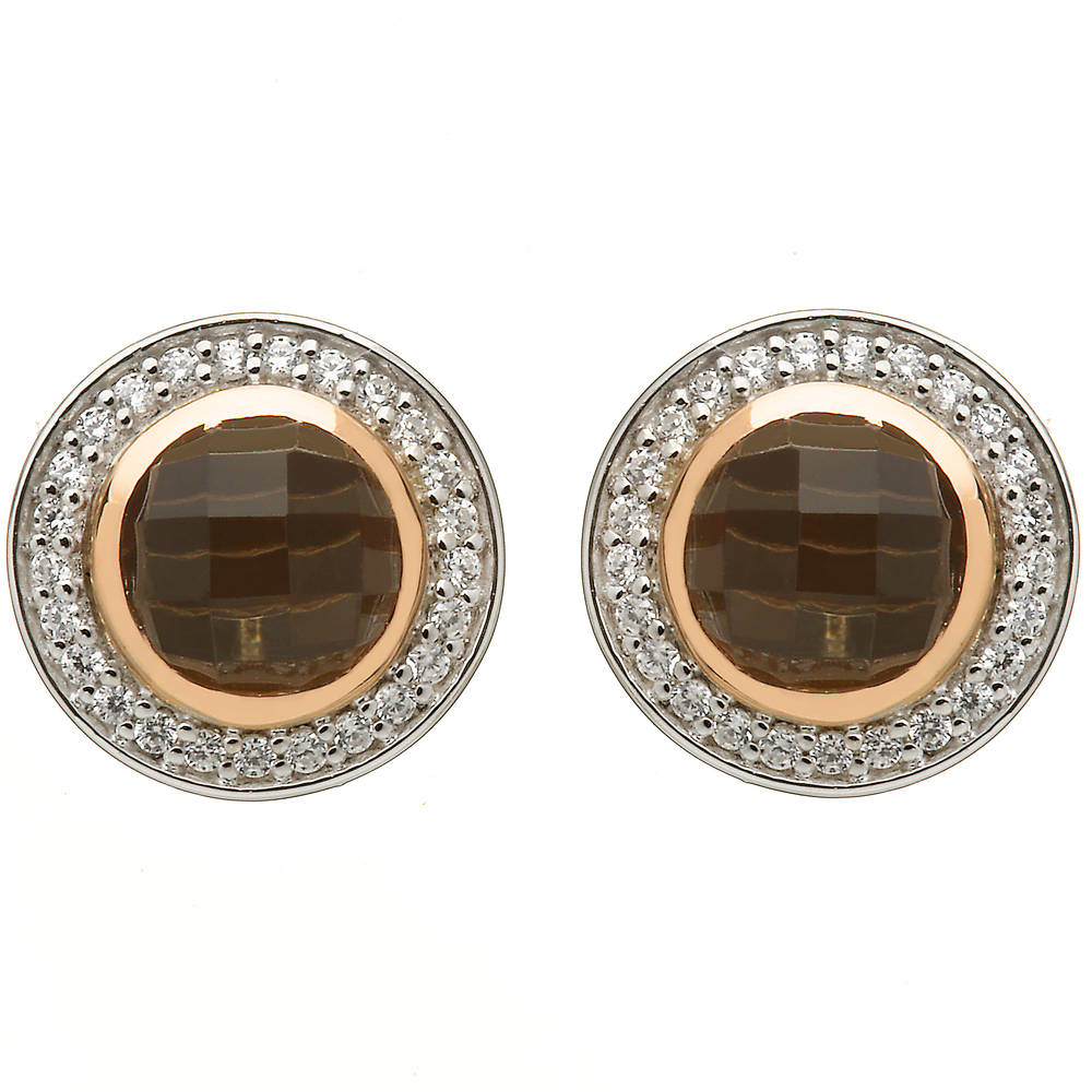 silver and rare Irish rose gold cz halo smokey quartz stud earrings with rims made from gold.