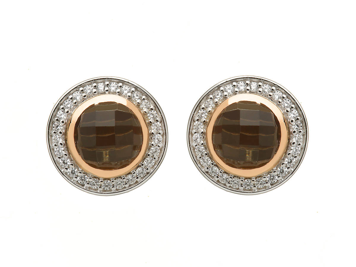 silver and rare Irish rose gold cz halo smokey quartz stud earrings with rims made from gold.