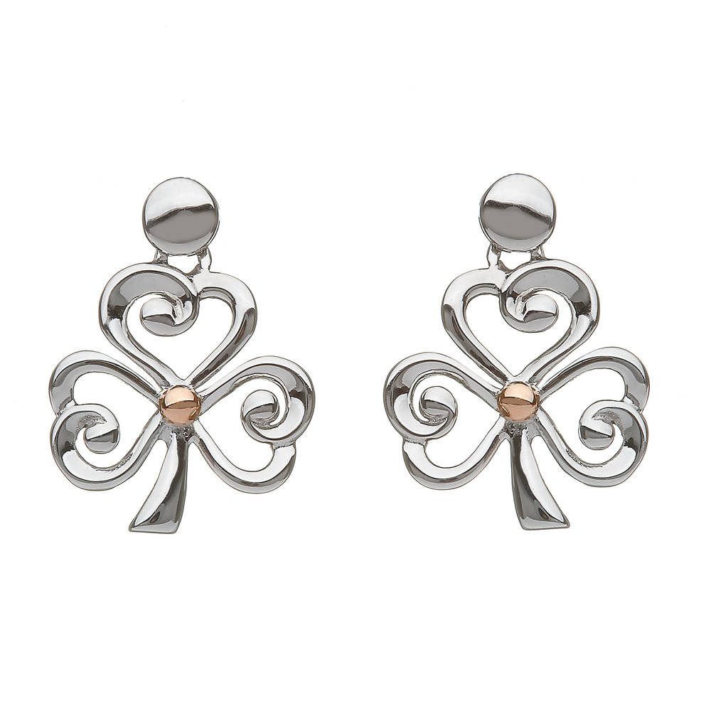silver and rare Irish rose gold open shamrock earrings with gold centres.
