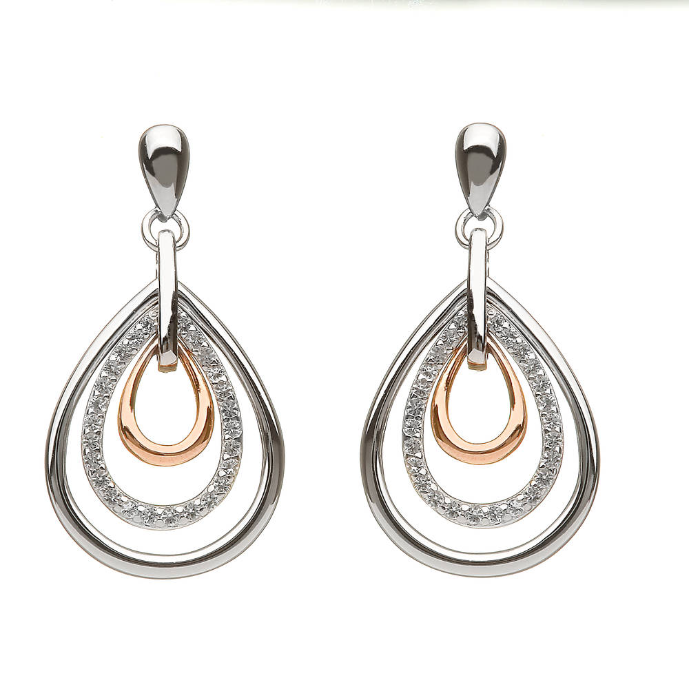 silver and rare Irish rose gold drop earrings with white topaz stones.
