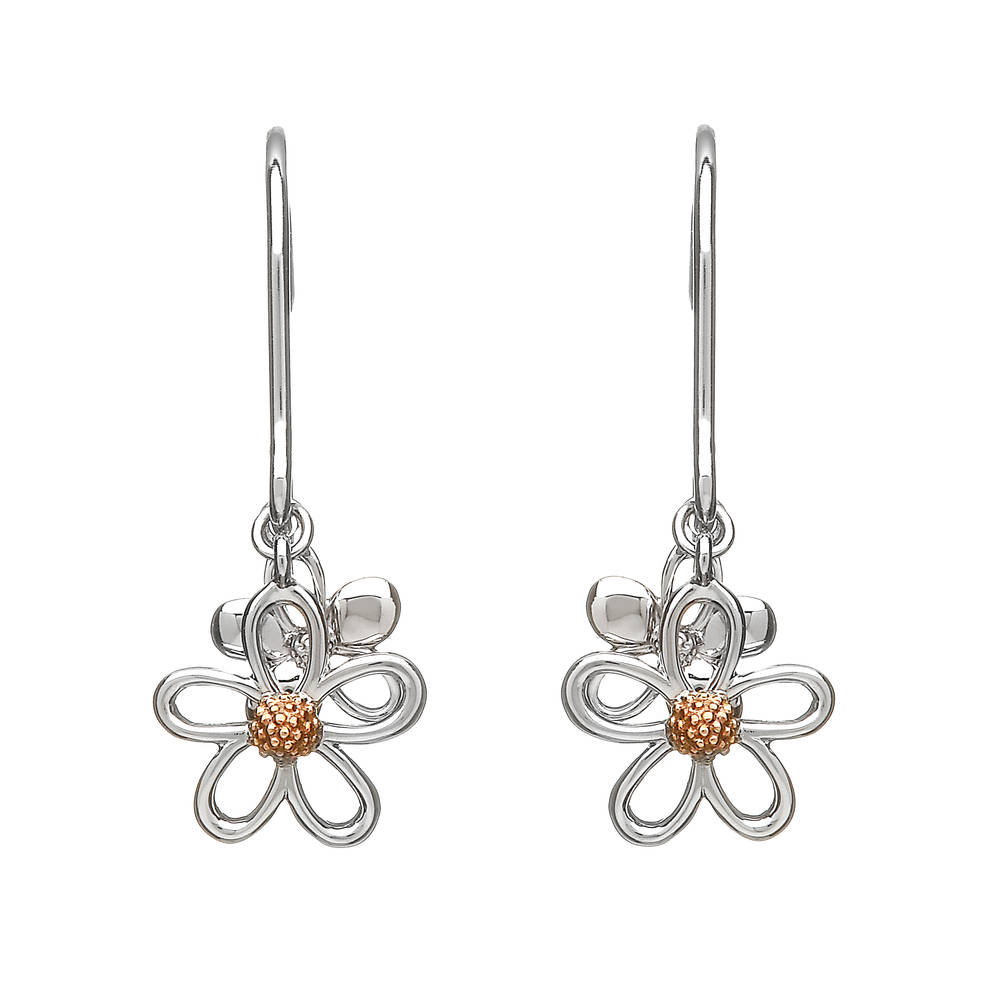 sterling silver and rare Irish rose gold double petal drop earrings.