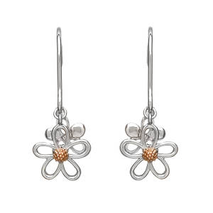 silver and rose gold double petal drop earrings