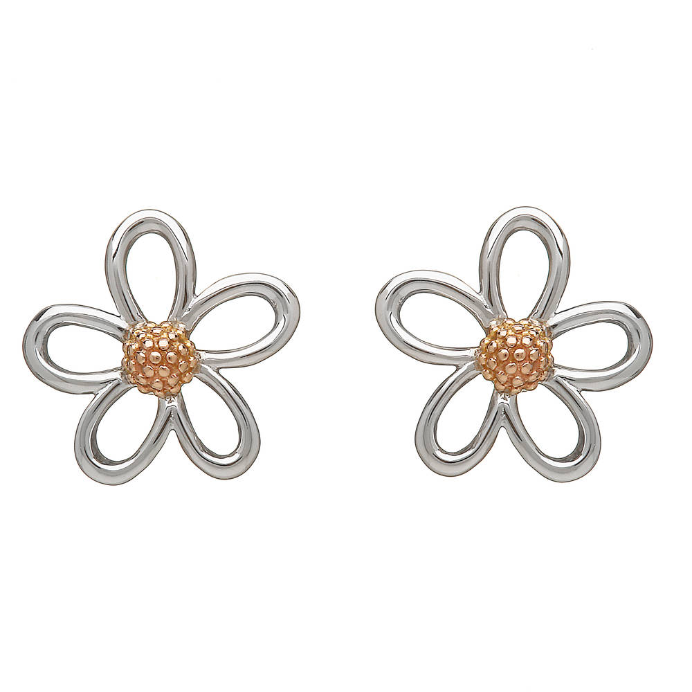 sterling silver open petal stud earrings with rare Irish rose gold centres.
