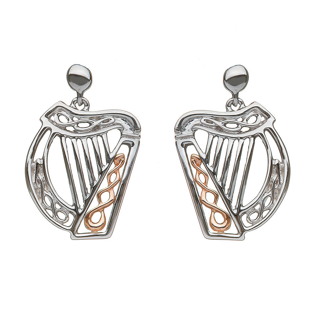 sterling silver and rare Irish rose gold Celtic Harp earrings.