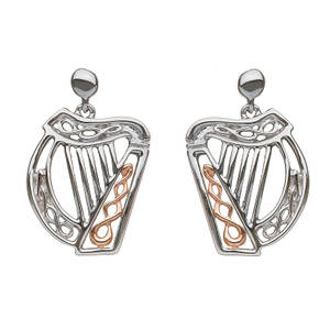silver and rare Irish rose gold Celtic Harp earrings