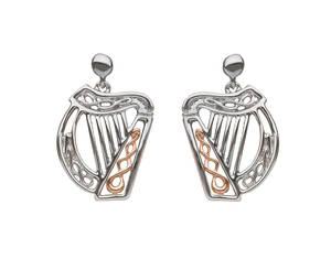 silver and rare Irish rose gold Celtic Harp earrings