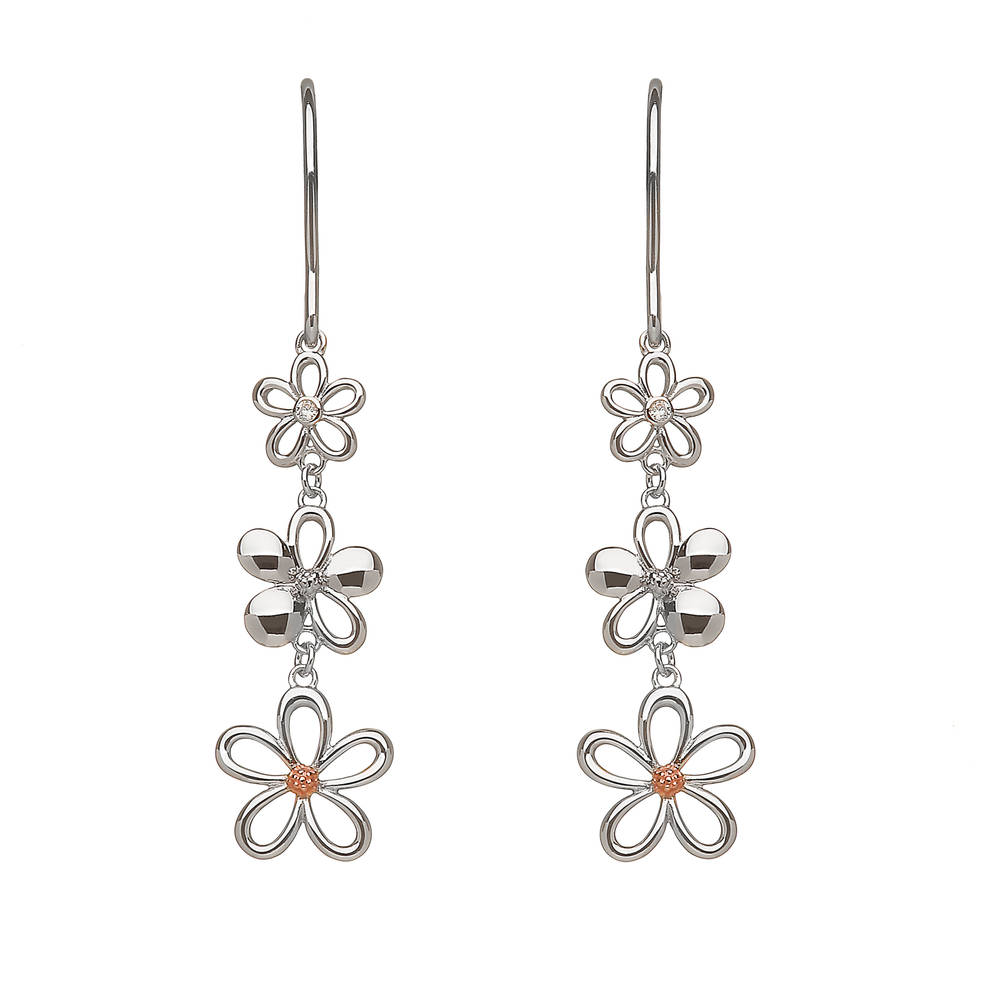 sterling silver and rare Irish rose gold diamond set&nbsp;3 petal&nbsp; drop earrings