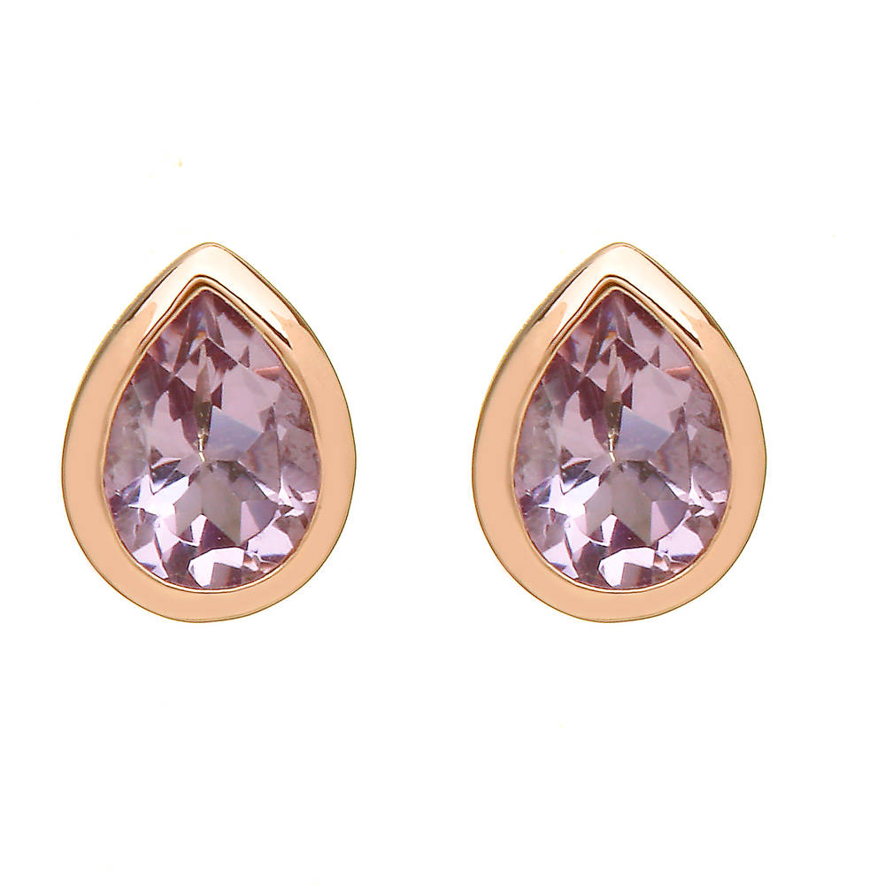 silver and rare Irish rose gold tear-drop stud earrings with natural pink amethyst stones.