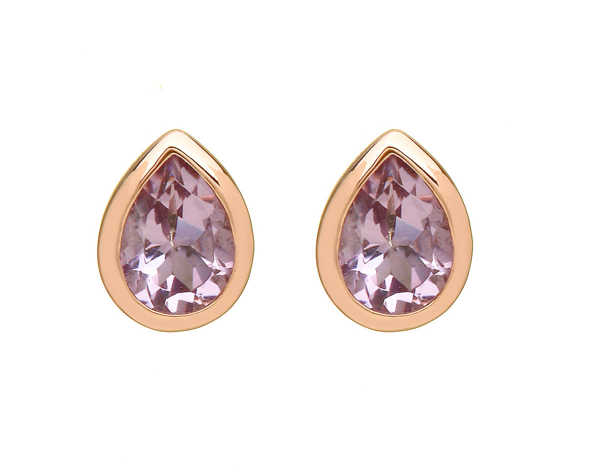 silver and rare Irish rose gold tear-drop stud earrings with natural pink amethyst stones.