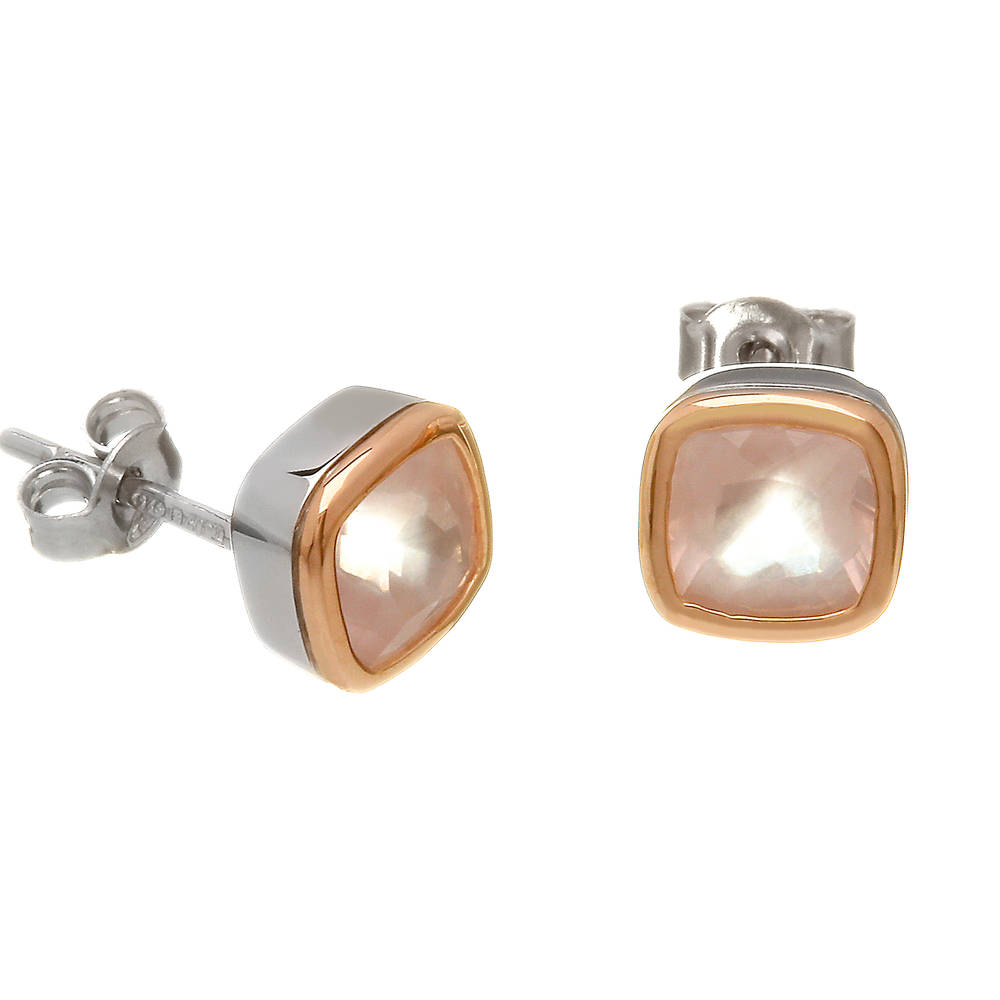 silver and rare Irish rose gold stud earrings with rose quartz gemstones.