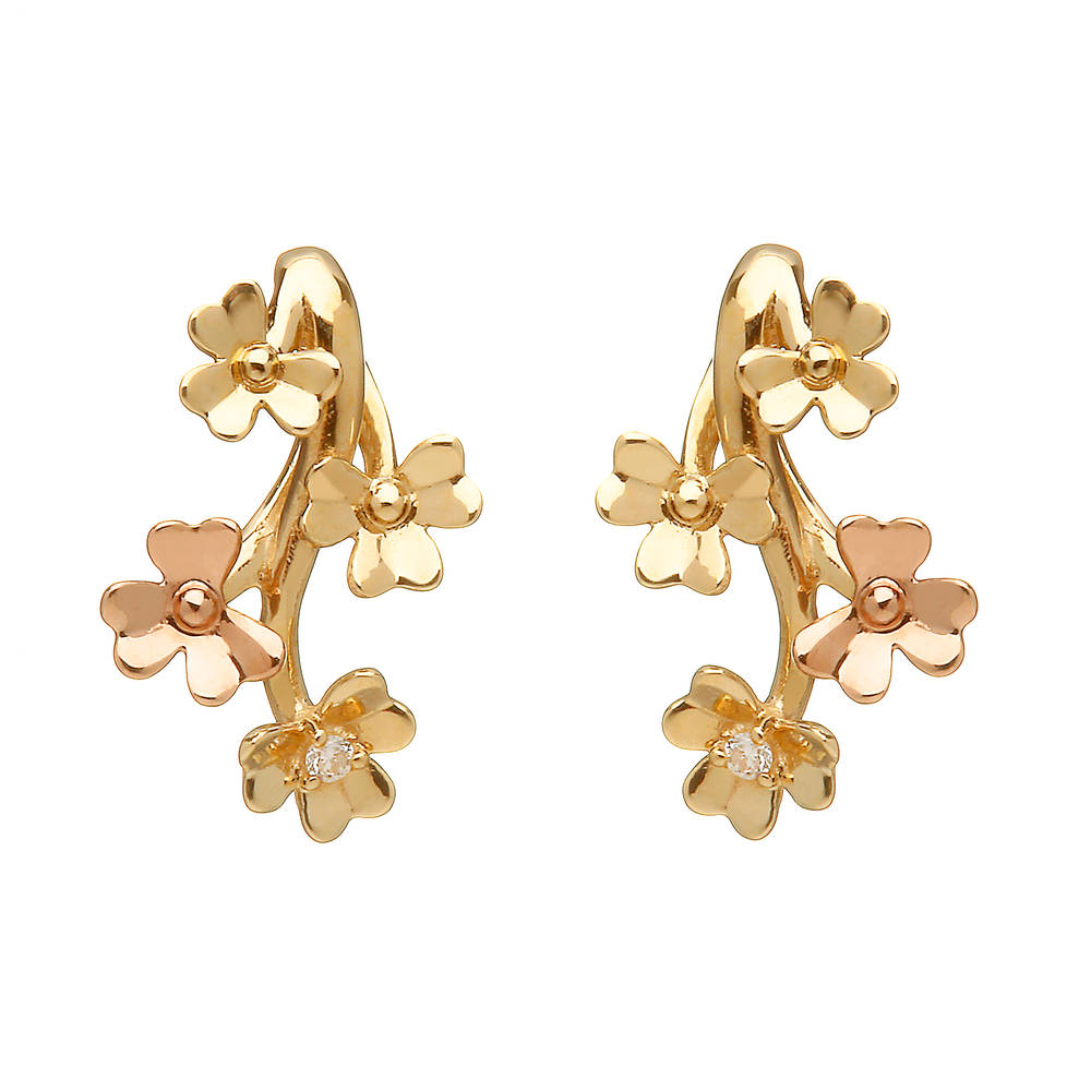 diamond set 9 carat yellow gold love shamrock stud spray earrings with one rare Irish rose gold flower.
