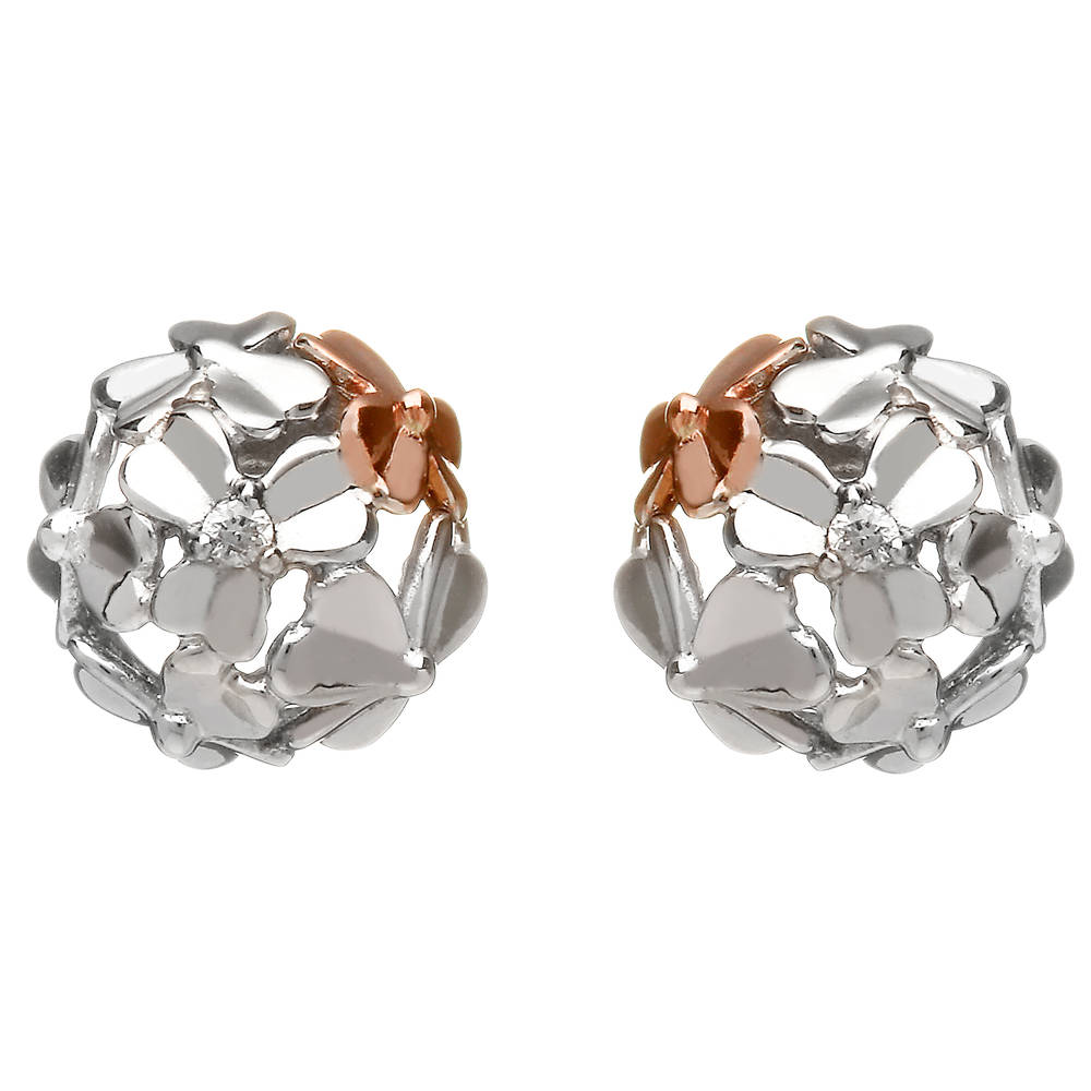 diamond set 9 carat white gold love shamrock stud posy earrings with one rara Irish rose gold flower.