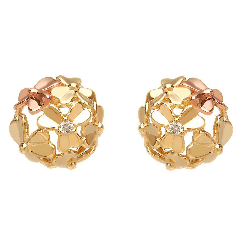 diamond set 9 carat yellow gold love shamrock stud posy earrings with one rare Irish rose gold flower.
