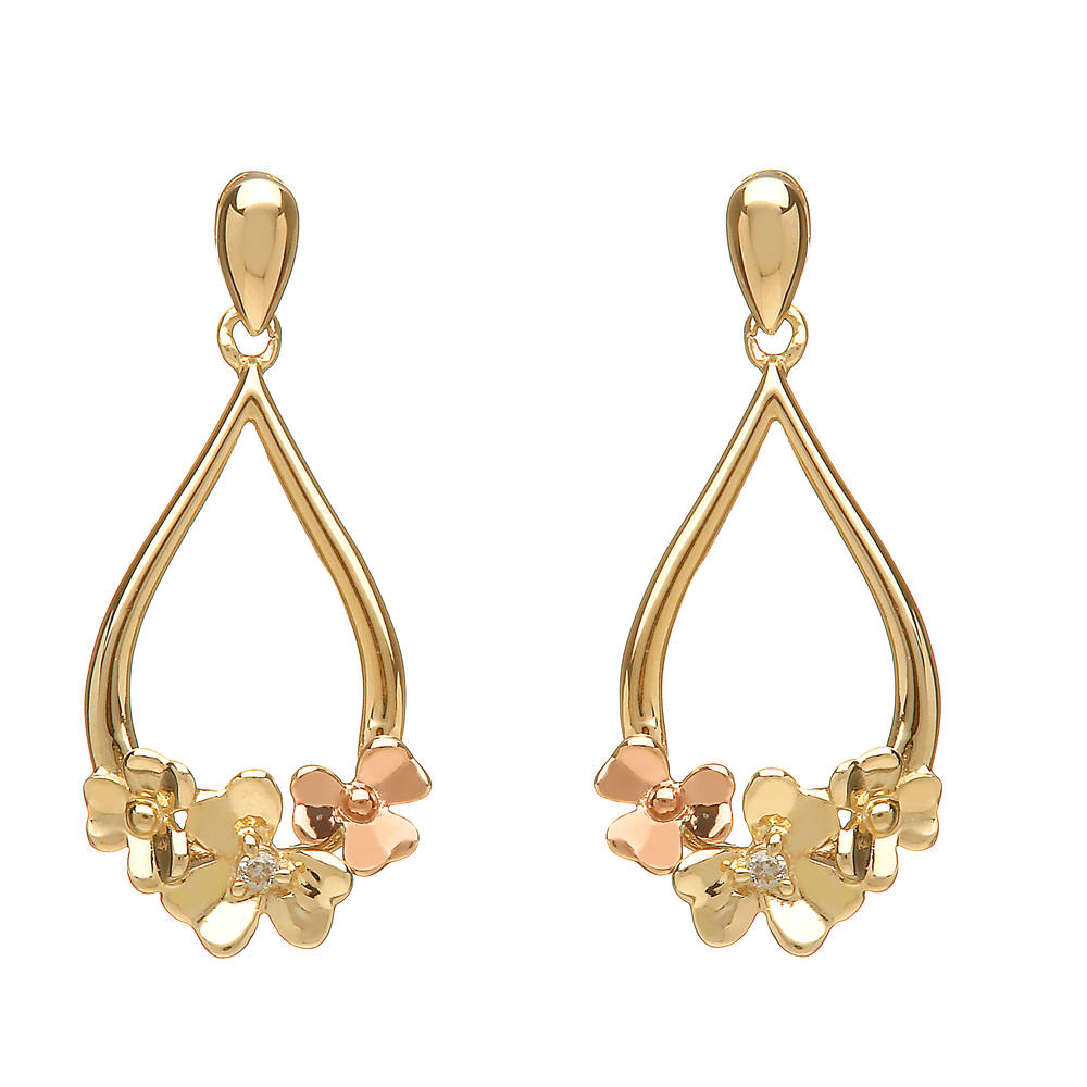 diamond set 9ct yellow gold love shamrock posy earrings with one rare Irish rose gold flower