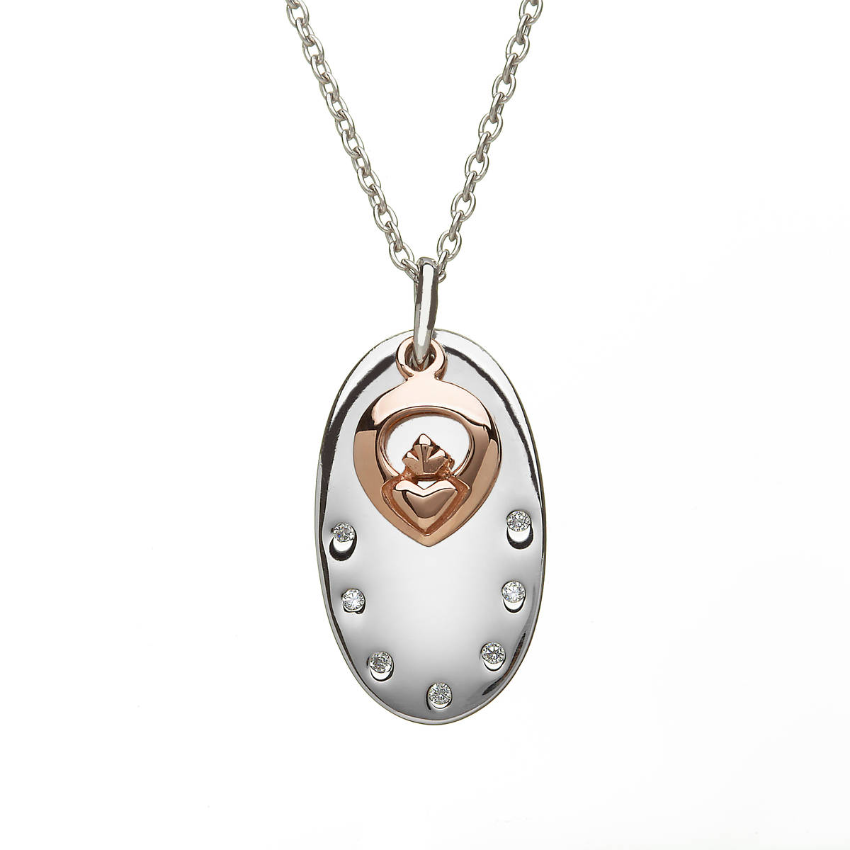 House of Lor silver cz disc with hanging rose gold Claddagh made from rare Irish goldaick/dipck