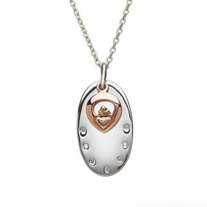 House of Lor silver cz disc with hanging rose gold Claddagh made from rare Irish gold