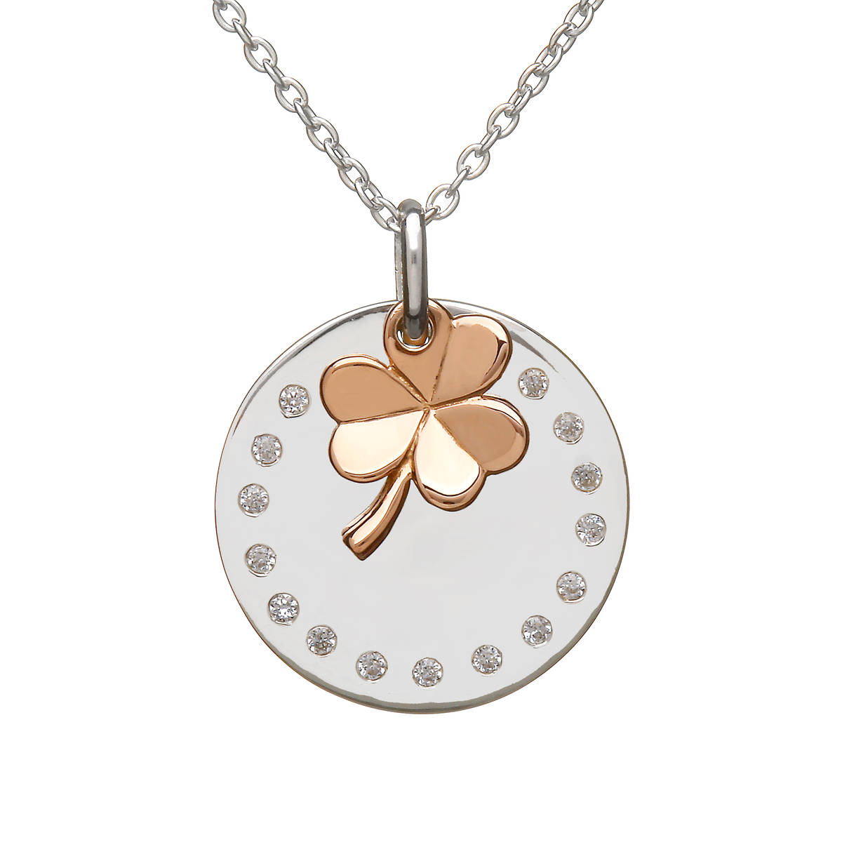 House of Lor silver round cz disc with hanging rose gold Shamrock made from rare Irish goldtpck/odcck