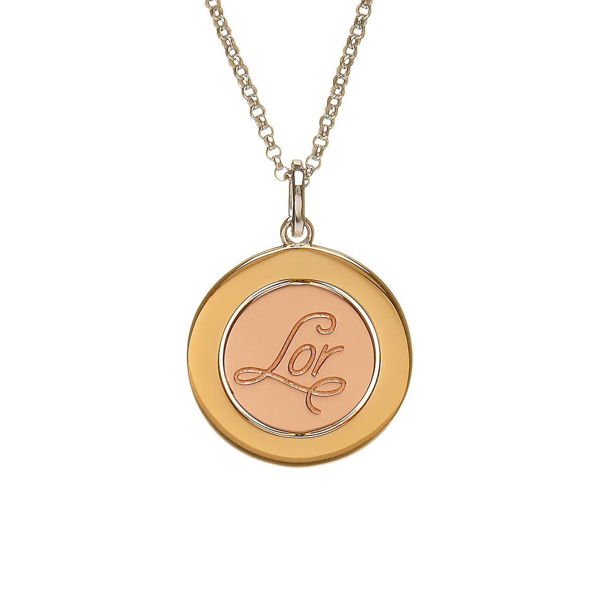 House of Lor silver/gold plated round Lor disc pendant with rose gold inner disc made from rare Irish goldikck/otpck