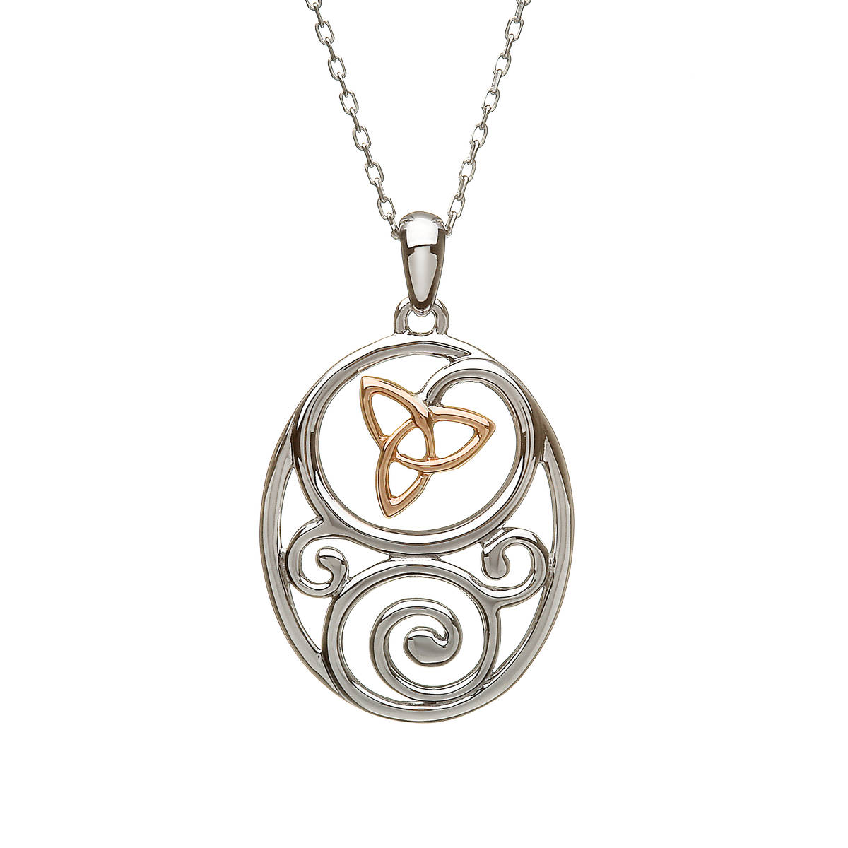 silver and rare Irish rose gold Celtic pendant on 18\" chain with trinity knot made with gold.