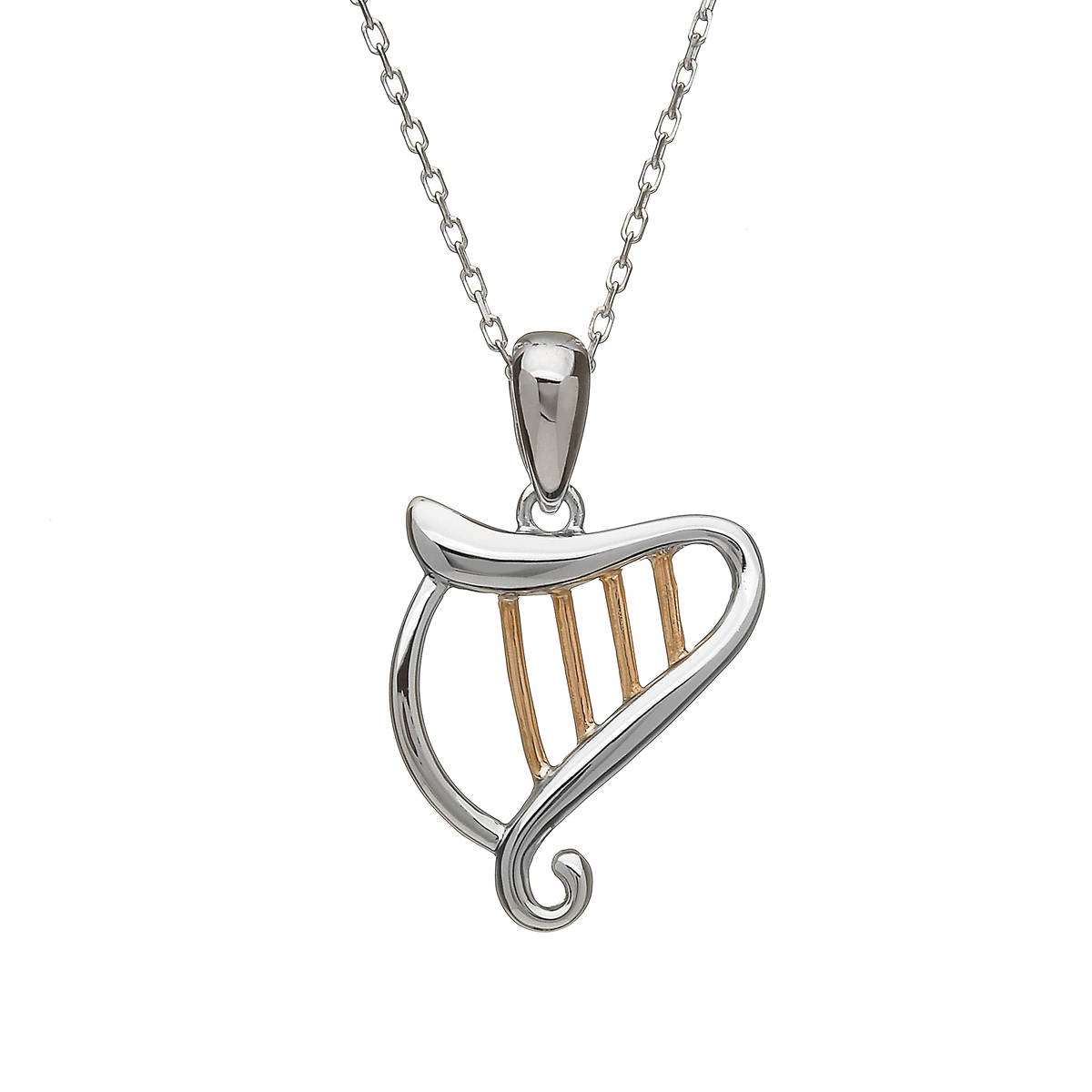 silver and rare Irish rose gold Celtic Harp pendant with strings made from gold.