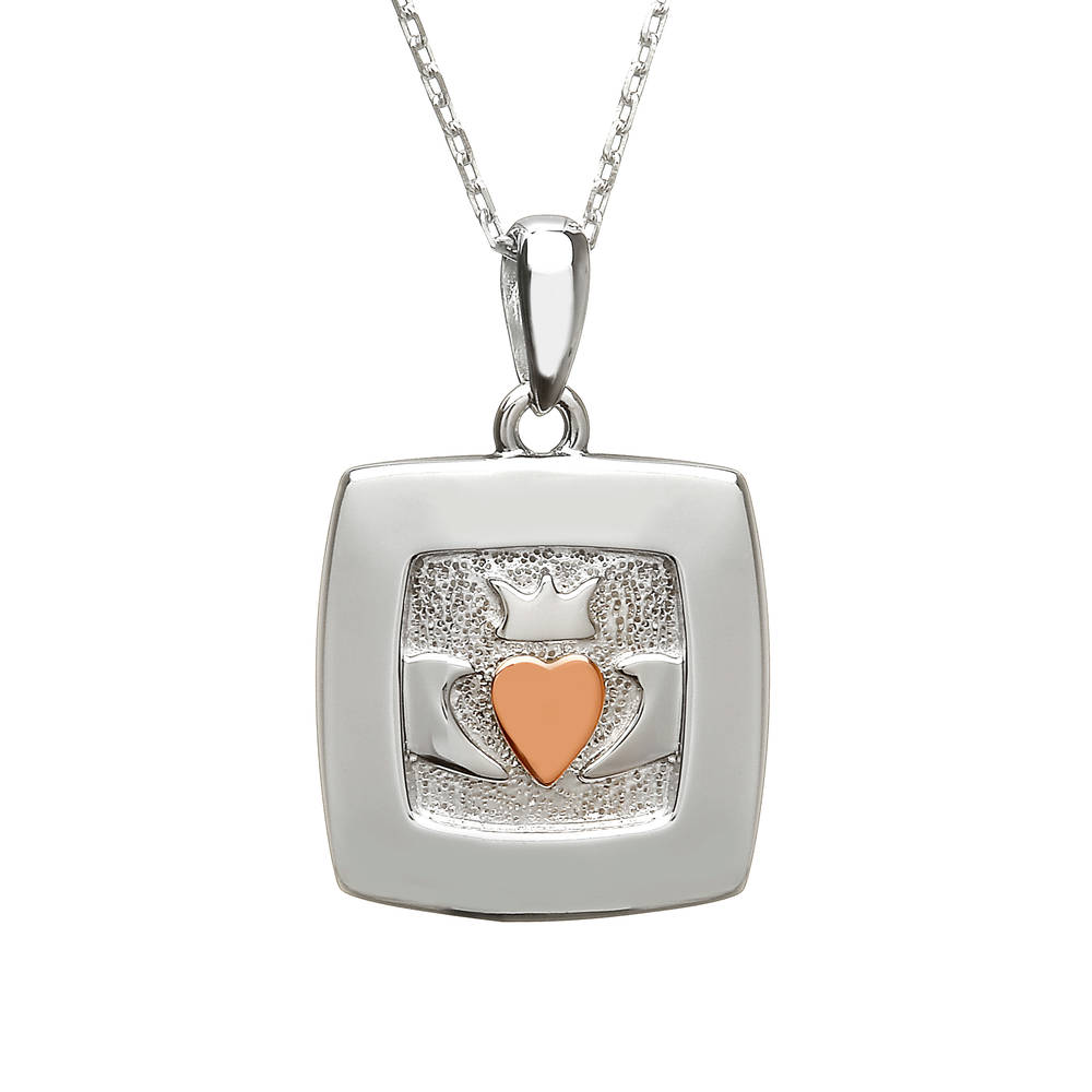 silver and rare Irish rose gold square Claddagh pendant with heart made from gold.