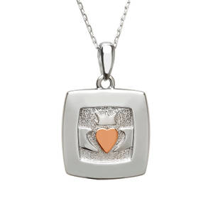 silver and rare Irish rose gold square Claddagh pendant.