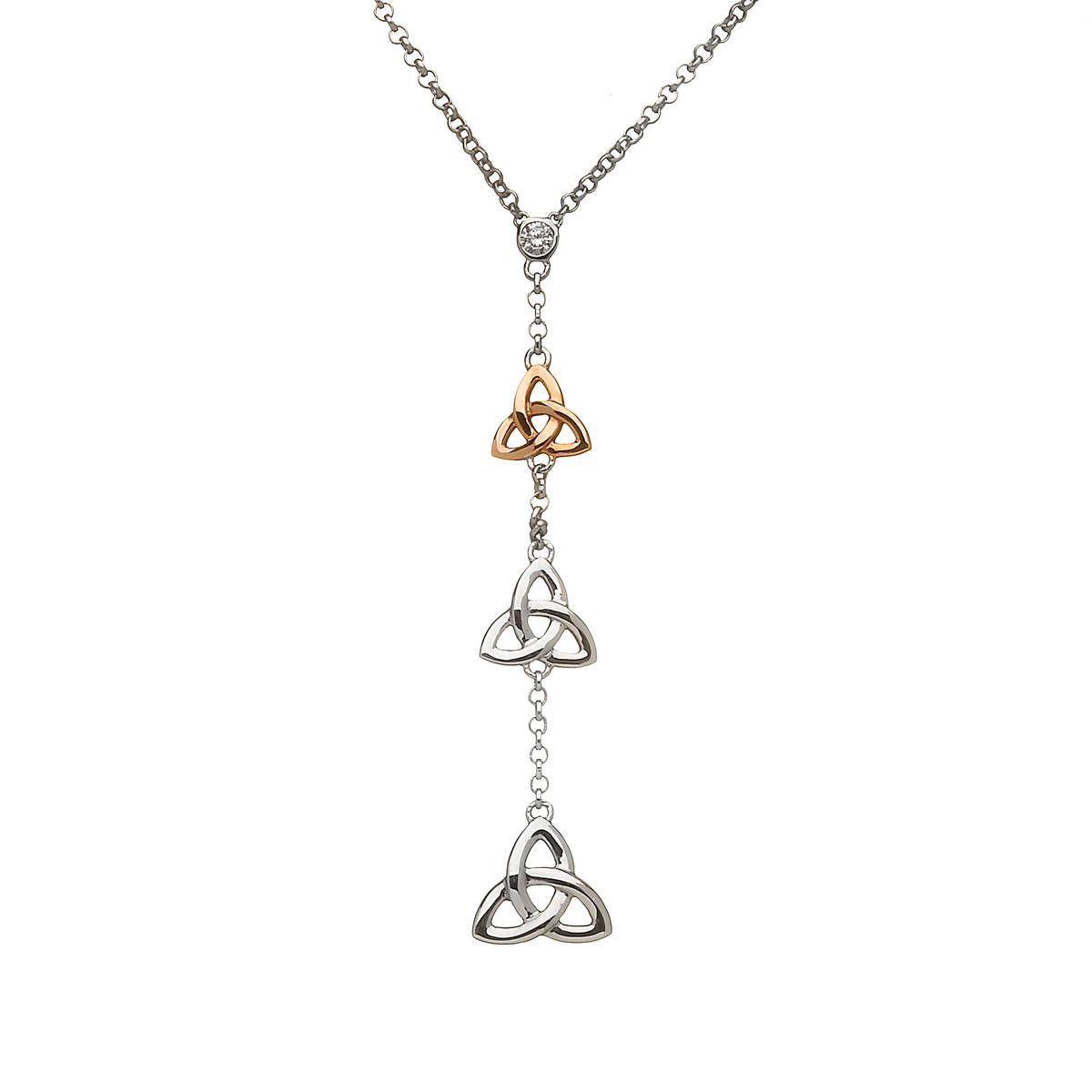 sterling silver and rare Irish rose gold trinity knot pendant with cz.