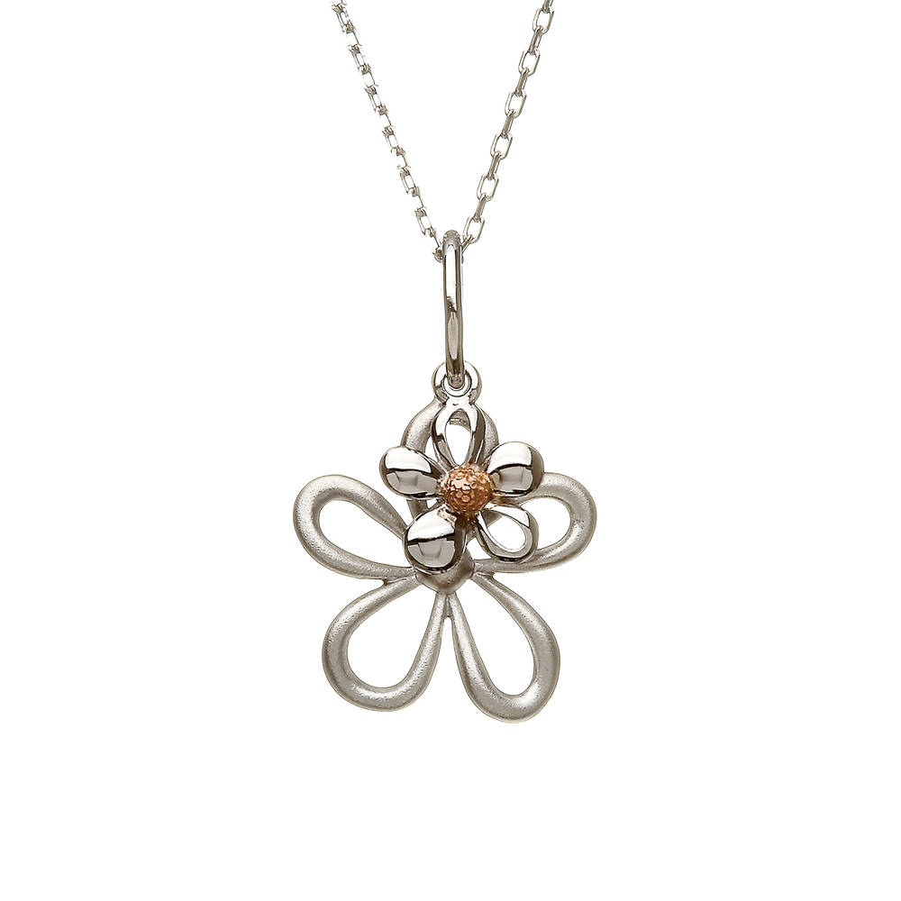 silver and rare Irish rose gold small double petal pendant on 18\" chain.&nbsp;