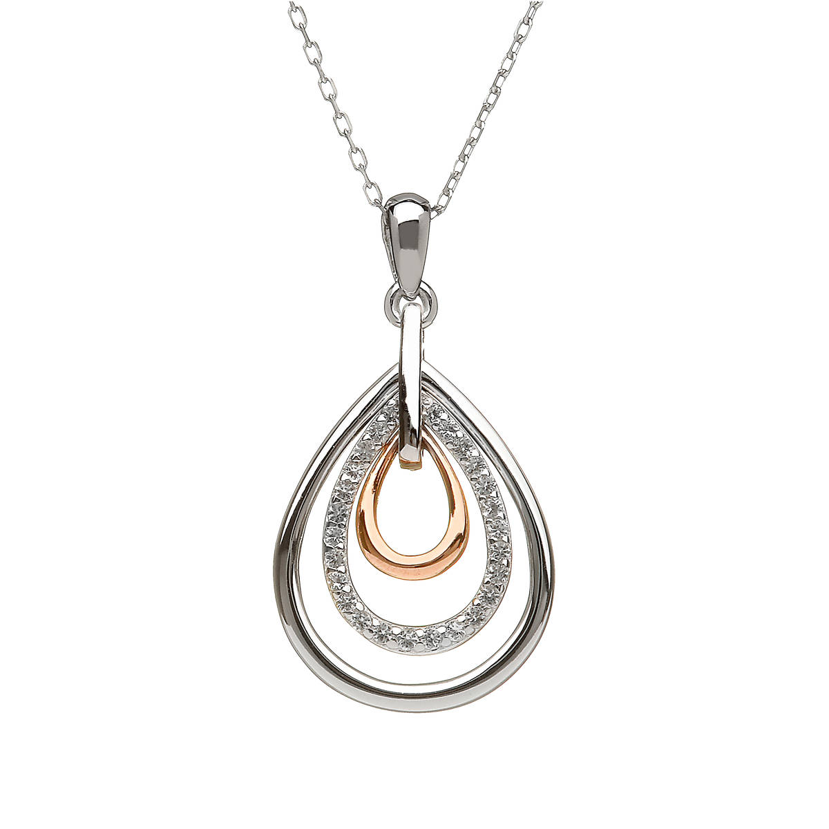 silver and rare Irish rose gold tear drop pendant with white topaz simulated czs.