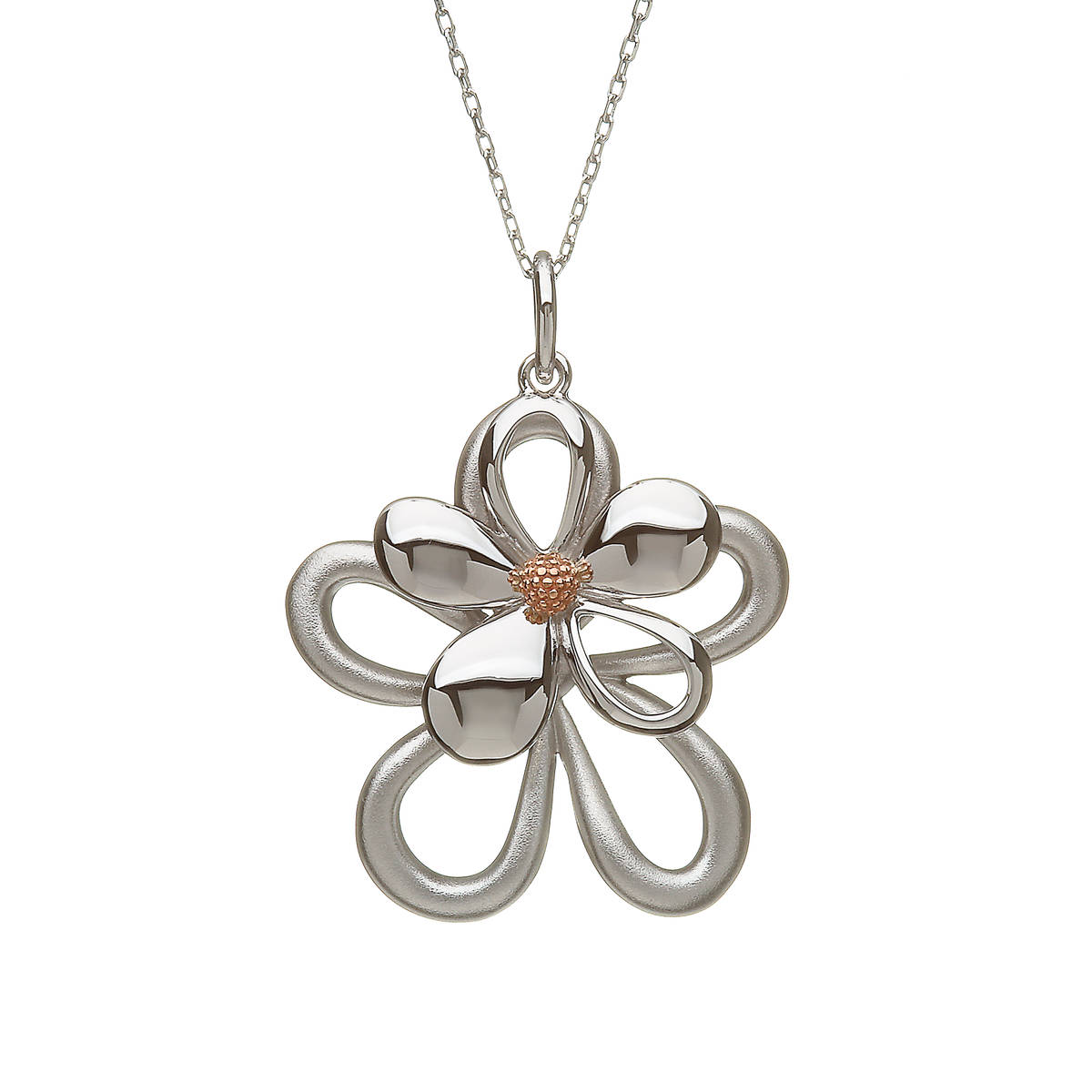 silver and rare Irish rose gold double petal pendant on 18\" chain