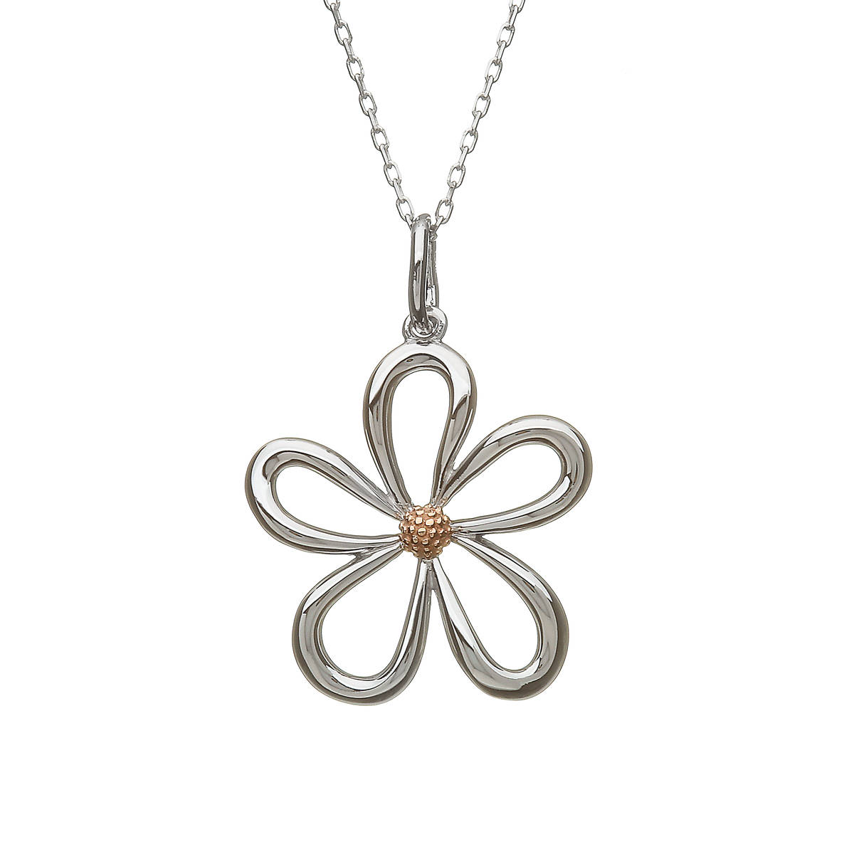 silver and rare Irish rose gold open petal pendant on 18\" chain