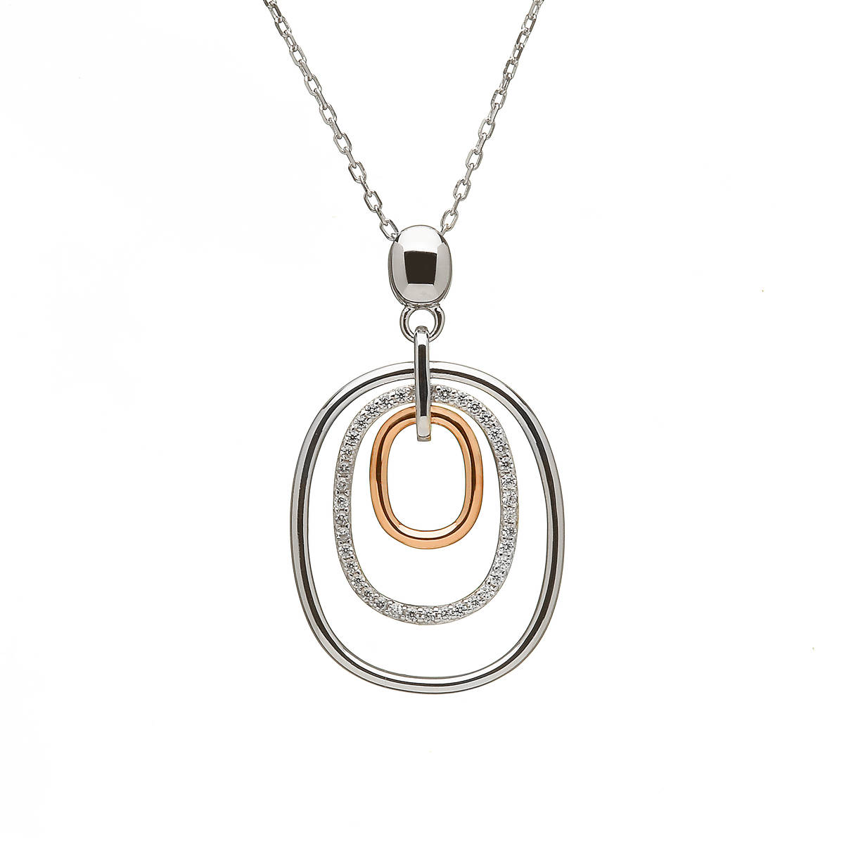 silver and rare Irish rose gold oval drop pendant with white topaz simulated czs.