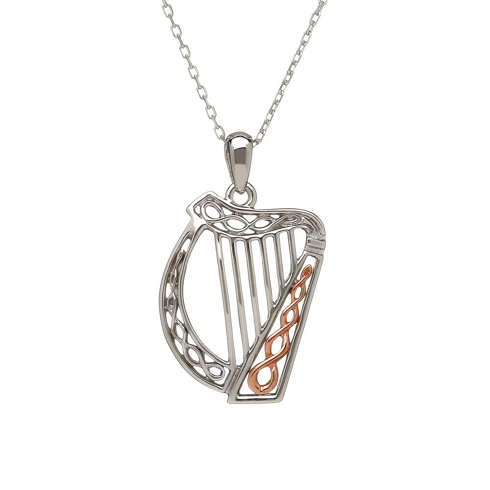 sterling silver and rare Irish rose gold Celtic Harp pendant with Celtic design in gold.