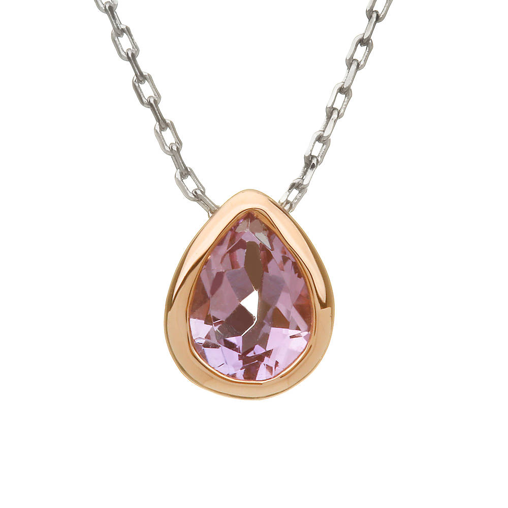 silver and rare Irish rose gold teardrop pendant with pink amethyst.