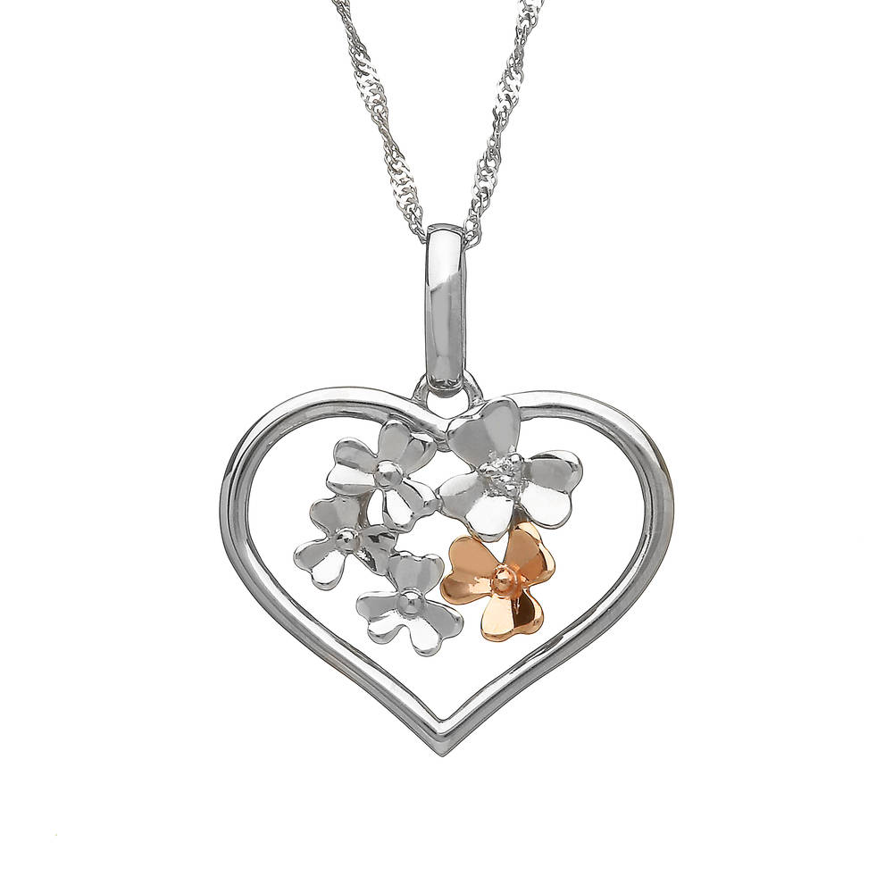 Diamond set 9ct white gold love shamrock large open heart pendant with one rare Irish rose gold flower.