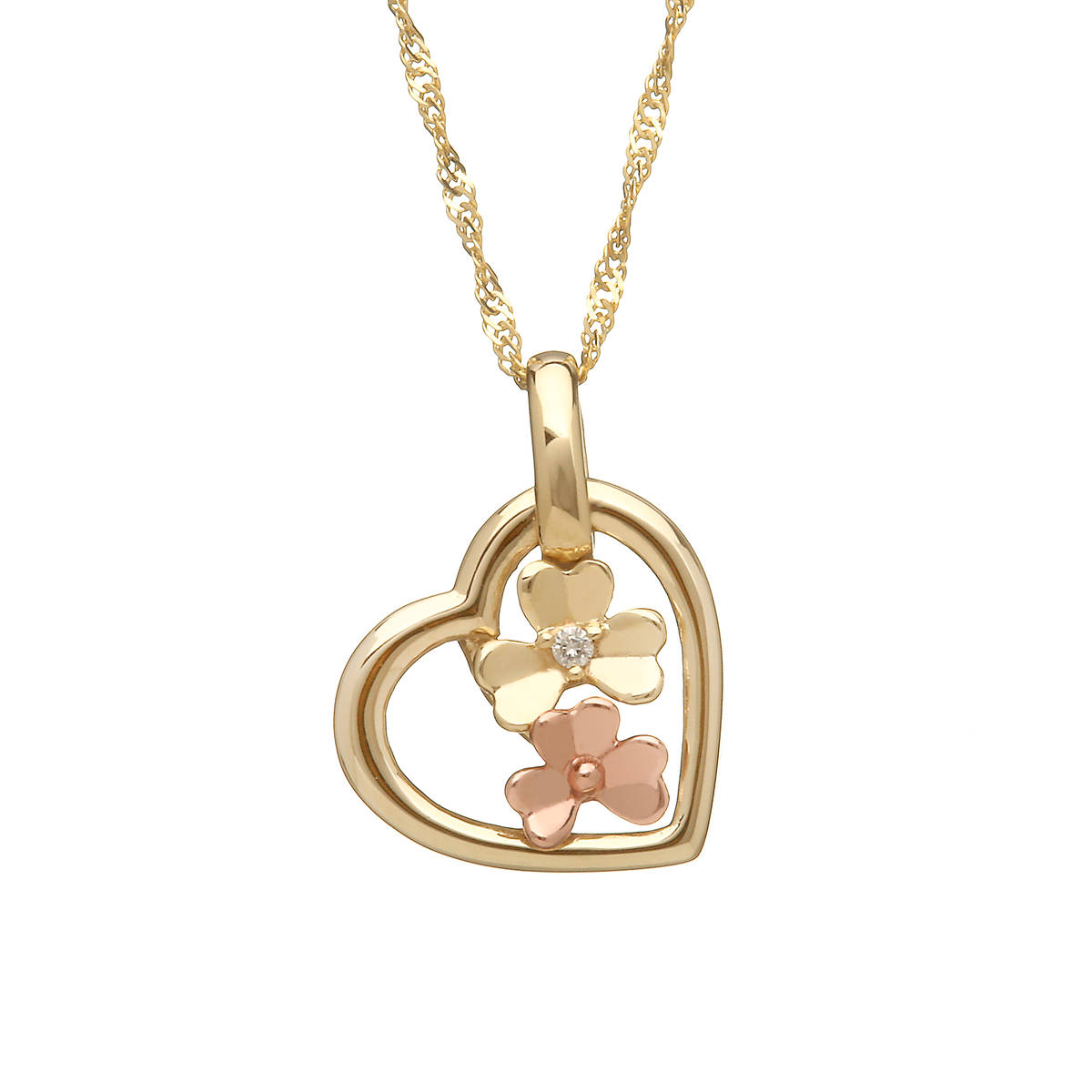 diamond set 9 carat yellow gold love shamrock small open heart pendant with one rare Irish rose gold flower.