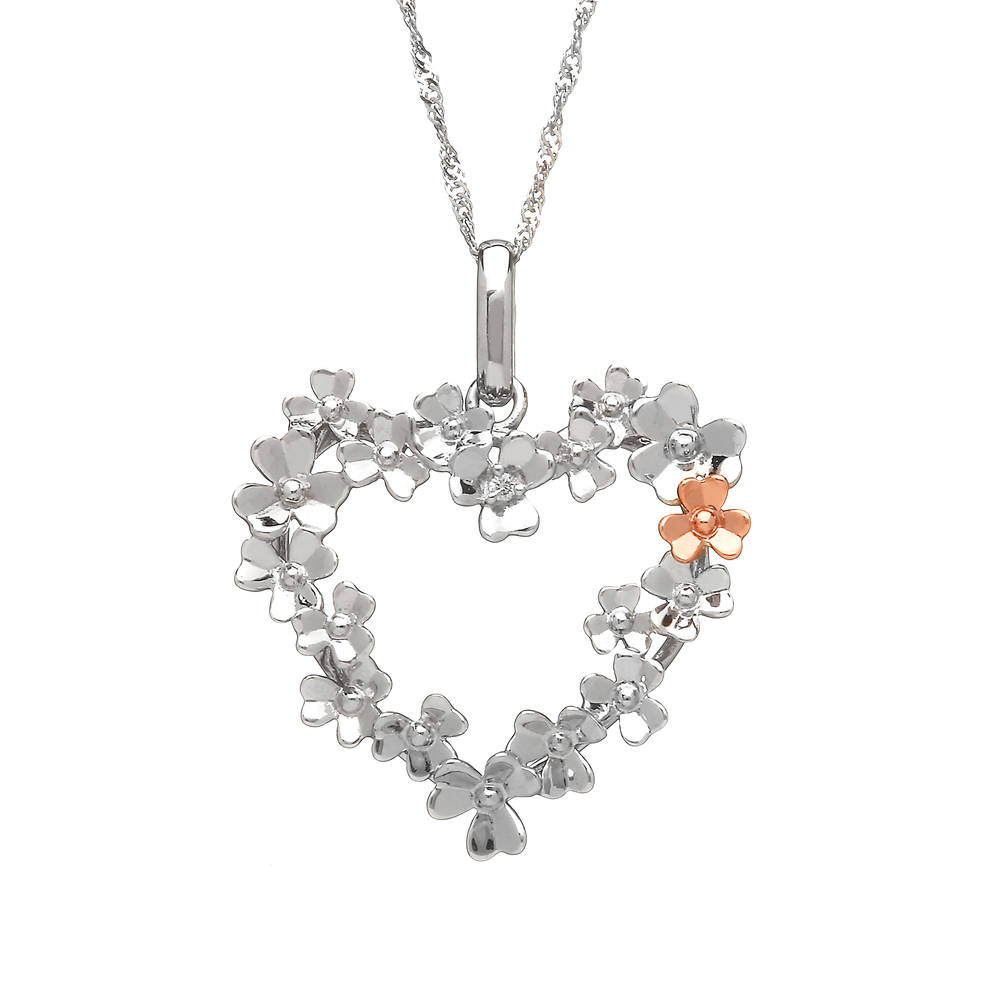 diamond set 9 carat white gold love shamrock large open heart wreath pendant with one rare Irish rose gold flower.