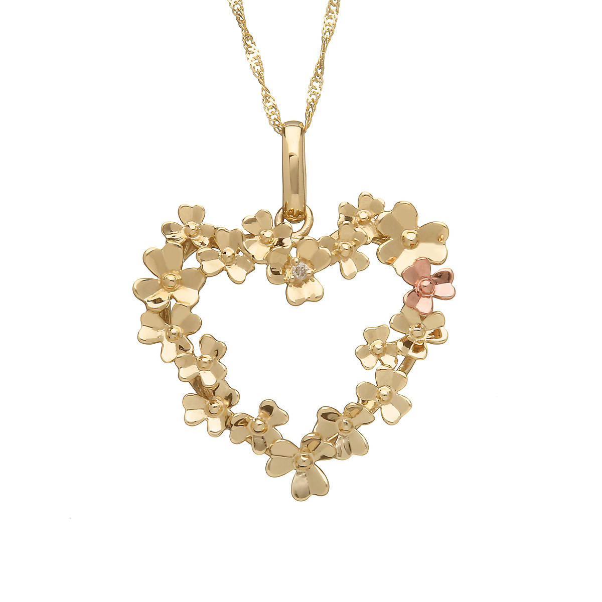 diamond set 9 carat yellow gold love shamrock large open heart wreath pendant with one rare Irish rose gold flower.